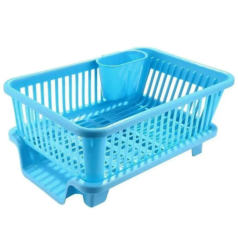 Multipurpose Dish Basket with Water Drainer Compartment and Detachable Cutlery Holder Plastic Kitchen Rack (Blue)