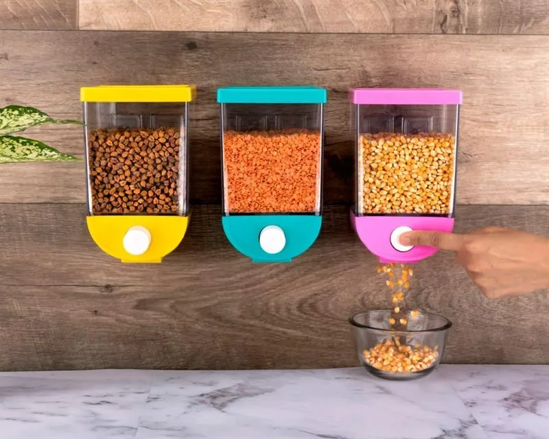 Wall Mounted Transparent Push Button Grain Storage Container Airtight Food Storage for Kitchen 1100ML (4)