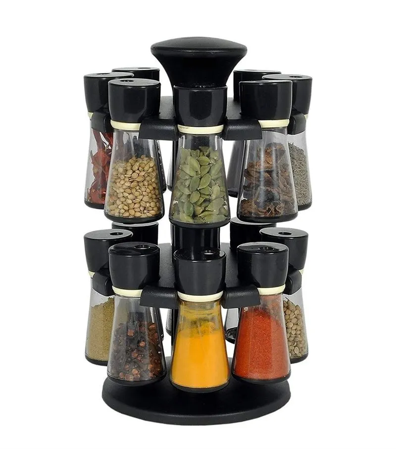 Multi Purpose Spice Rack to Spice and Masala for Kitchen 16pcs (Clear & Black)